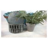 Decor, fabric baskets, tin, wall hanging