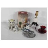 Milk Glass hobnail lamp, cat figurines, wax