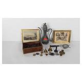Metal pitcher, framed prints, bells, screws, etc.