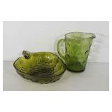 Green glassware, 8" pitcher and 10" fruit bowl