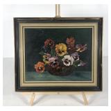 Bowl of Pansies painting in board, framed, some