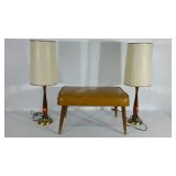 Mid-century table lamps and stool, cracked in