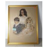 Framed Pastels Art Work, Mother with 2 Kid