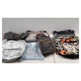 Seven tote bags, purses and backpacks