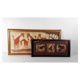 Framed African wildlife art, signed batik fabric