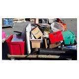 Skid of Garden fabric, wooden crate, safety gate,