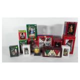 Holiday decor, boxes of Christmas ornaments,