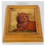 Wooden trinket box with lion design, made in