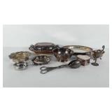 Metalwares group, includes bowl, tongs, gravy