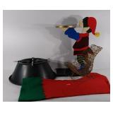 Christmas tree stand, stocking, decor sled,