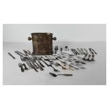 Pottery Barn silverplate holder with flatware,