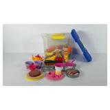Box of play food, includes cups, teapot,