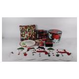 Christmas decor, throw pillow, Santa plate, table