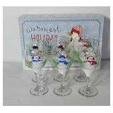 Holiday decor, six hand painted wine glasses with