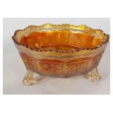 Carnival glass, ball and claw footed bowl with