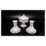 Milk glass, pink covered candy dish and pair of