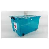 Storage tote with lid, missing one wheel