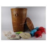 Laundry basket (approximately 25" tall), fabrics