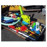 Skid lot of of toys, picture, stake flags, etc
