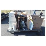 Skid with floor lamp, umbrella, sewing supplies,