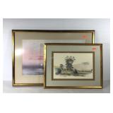 Two framed prints, smaller watercolor print,