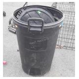 Black Rubbermaid trash can with lid, seller code