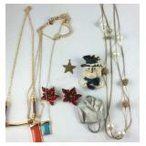 Snowman brooch, eyeglass pin holder, earrings,