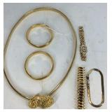 Goldtone jewelry, five bracelets and a necklace