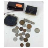 Foreign coins, coin pouch, advertising measuring