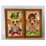 Pair of clown paintings on board, framed, each