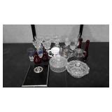 Glassware, covered glass bowls, wall plaque, etc.