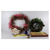 Wreaths (2), decor sled, blue glass hat, bell,
