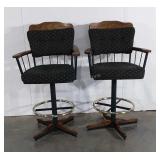 Two wooden backed barstools with upholstered
