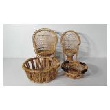 Woven doll chairs and baskets, baskets are 10"