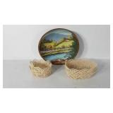 Wooden handpainted bowl, artist signed and six