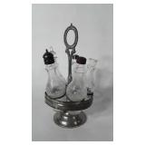 Five piece condiment set, five glass bottles, one