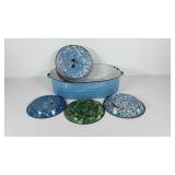 Enamelware,  three pie plates, bowl and roaster
