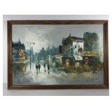 City scene painting on canvas, signed, framed,