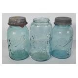 Three blue canning jars: ball perfect Mason,