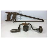 Tools, hand drill, hand saw, and oil can