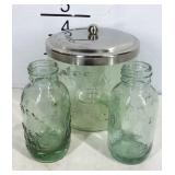 Mason medicine bottles and a covered jar