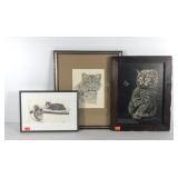 Cat pictures, three, all framed, Tom Wood etching