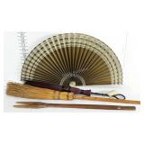 Home decor group, two hearth brooms, a fan and