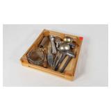 Crate of kitchen utensils, including crab hammers