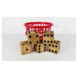 Five large wooden dice, in poly basket