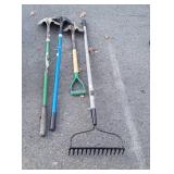 4pc Tool Lot, Garden Rake, 3 Dirt Shovels, one