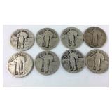 Eight standing liberty quarters all dates worn