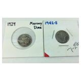 Two Mercury dimes, 1924 and 1942S