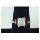 Opal & Garnet 3-Stone Ring w/ CZ Accents, 3 grams