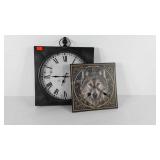 Two decor wall clocks, metal framed 15x17 and